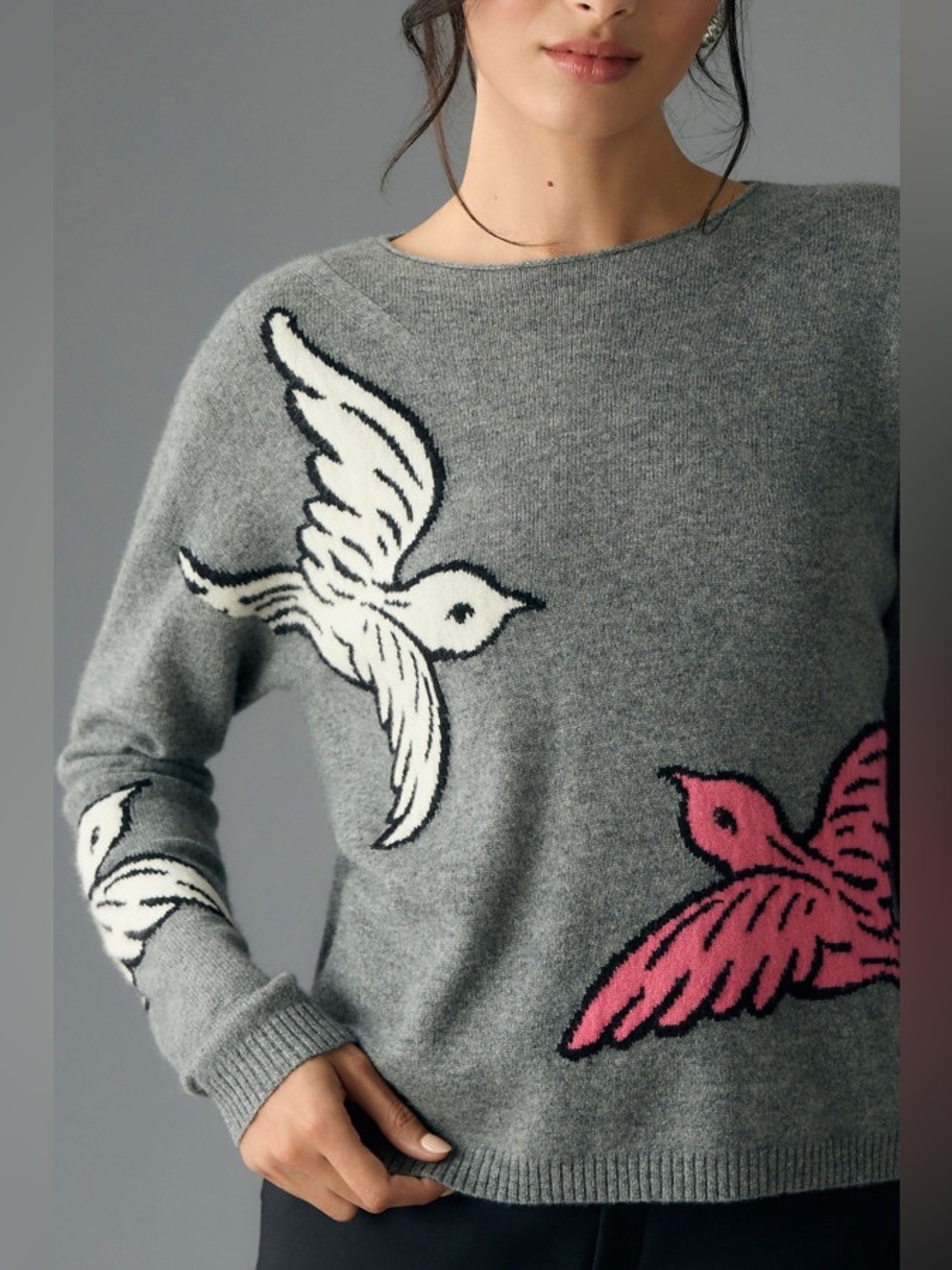 Maeve by Anthropologie Adventure Cashmere Sweater Gray Bird Intarsia Sz: SP